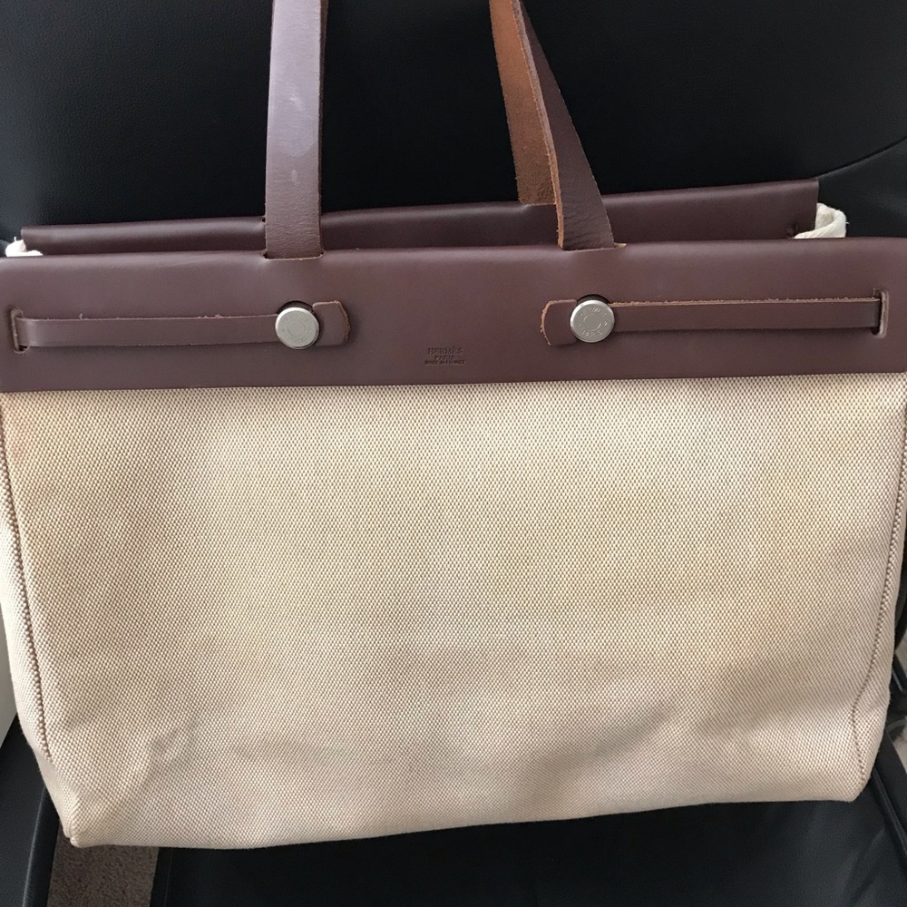 Auth. Hermes Tote Bag Cream Canvas